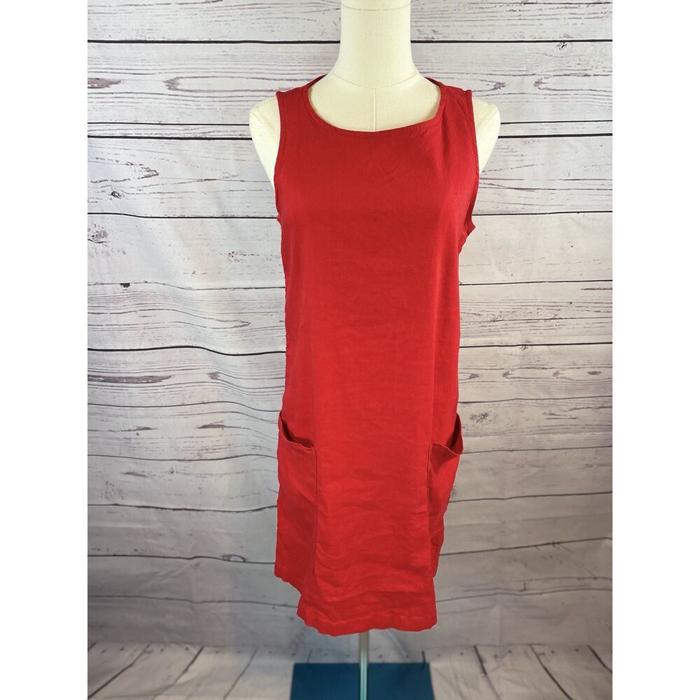 Halston Red Linen Blend Shift Dress Small Sleeveless Pocket Dress - Picture 1 of 7
